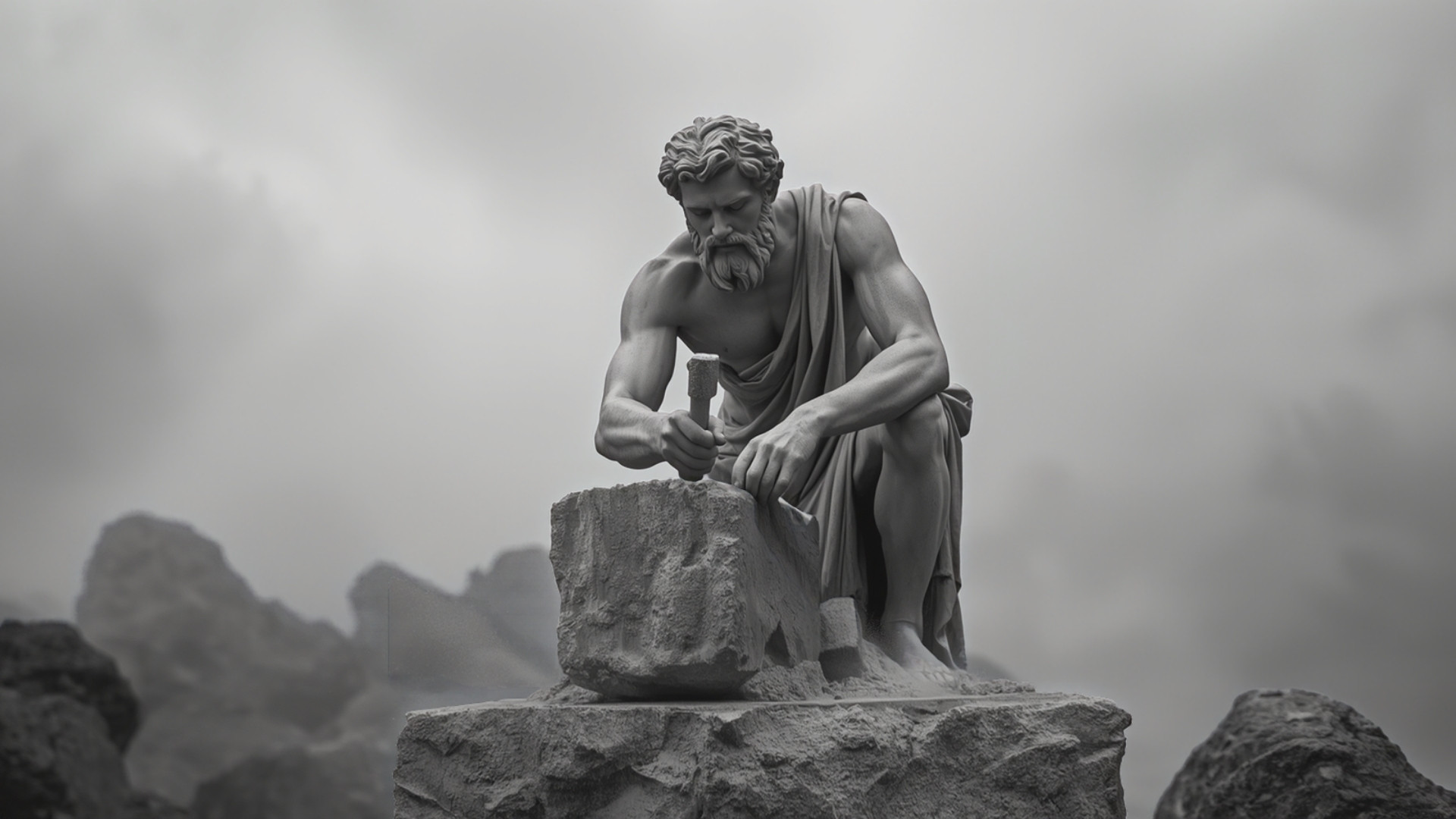 Mandlig marmorstatue der mejsler i en stenblok foran tågede klipper