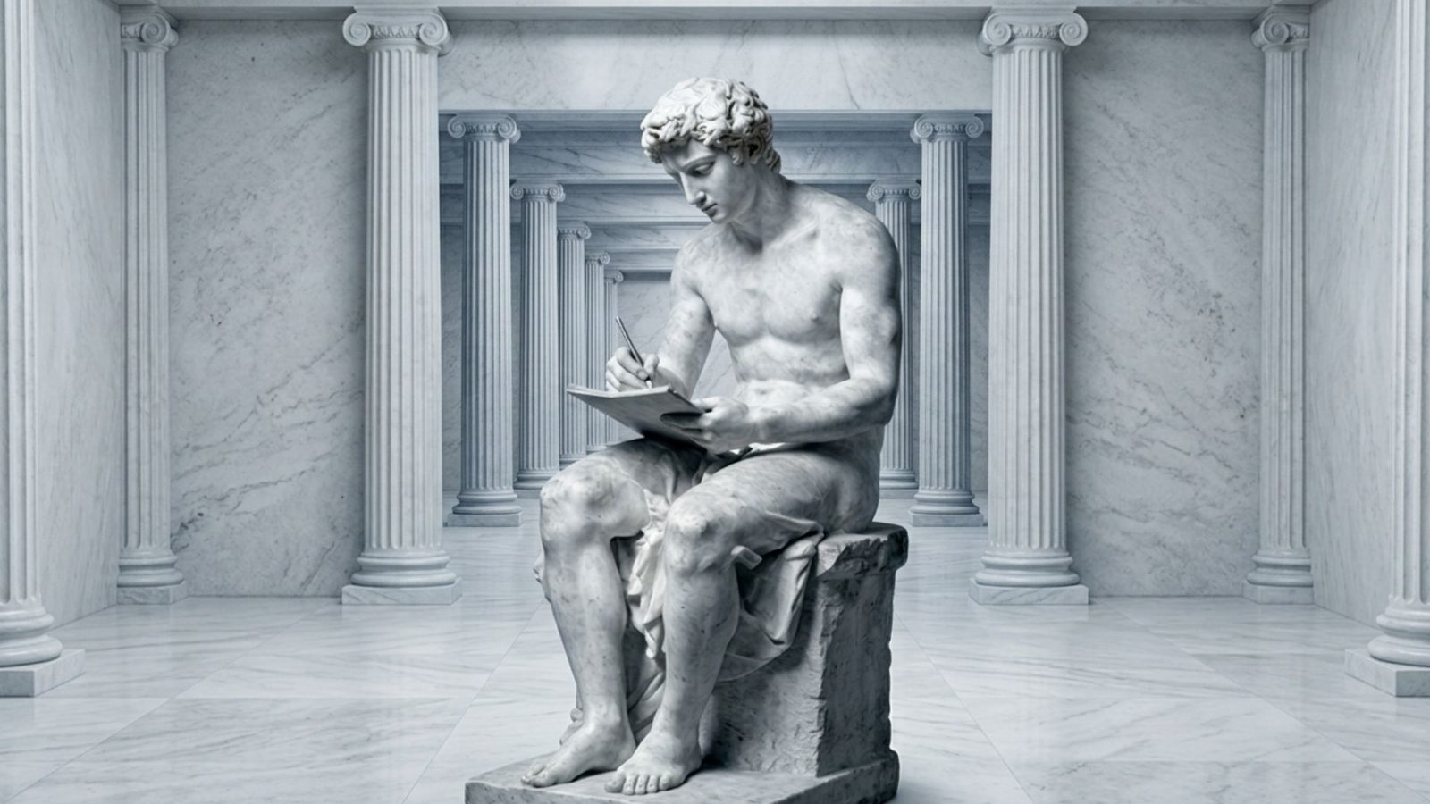 Marmorstatue, der skriver ved et bord
